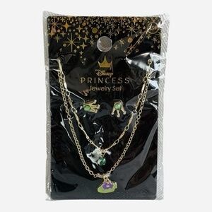 Disney Princess Tiana Gold Tone Necklace Crown Earrings Jewelry Set NIP
